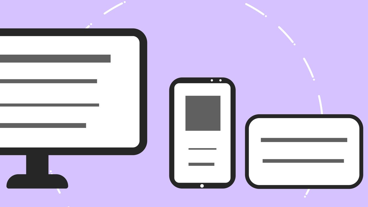 Vector icons showing a modern phone beside a computer monitor and credit card, with gray lines on a purple background